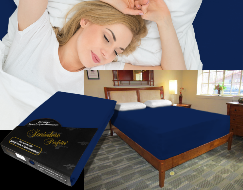 Collage: deep mattress dressed in dark navy-blue jersey stretch sheet, sleeping person, retail packaging — color 44-dark navy