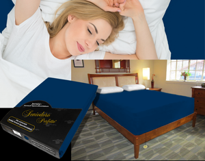 Person sleeping undisturbed on deep adjustable bed with Egino Jersey knit stretch sheet in color 44-dark-navy