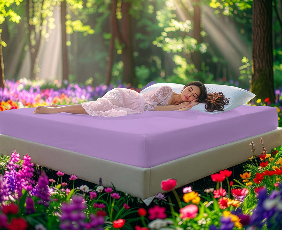 EGINO Lilac jersey stretch sheet on an outdoor bed surrounded by a blooming spring meadow, with a woman resting peacefully in soft morning light