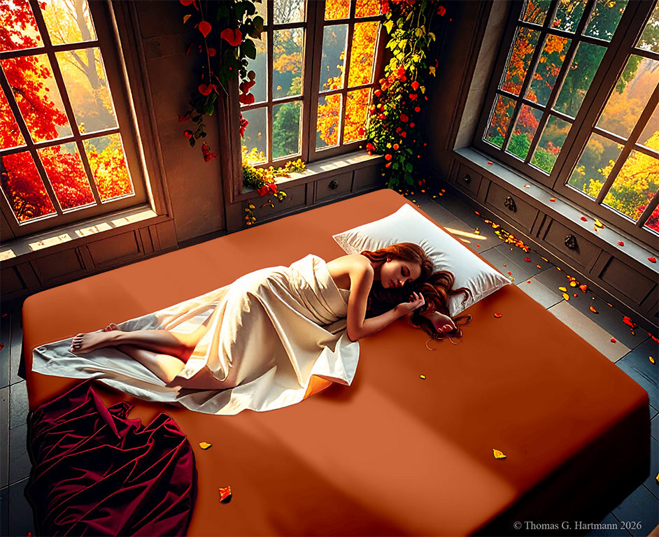 EGINO Terracotta jersey stretch sheet on an extra-deep mattress in a sunlit autumn castle bedroom, a woman sleeping beneath tall windows framed by red and gold fall foliage.