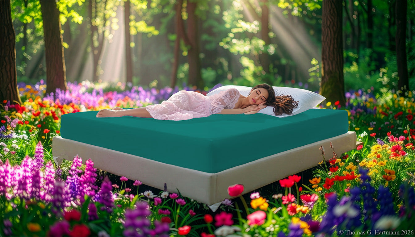 Fitted Jersey Knit stretch sheets in color evergreen with a woman relaxing on the mattress in a European wellness recreational park area, surrounded by vibrant spring wildflowers.