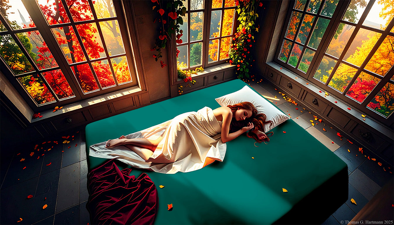 Evergreen jersey-knit stretch fitted sheet on an extra-deep mattress — Celtic woman sleeps in an Irish castle aglow with fiery autumn light.