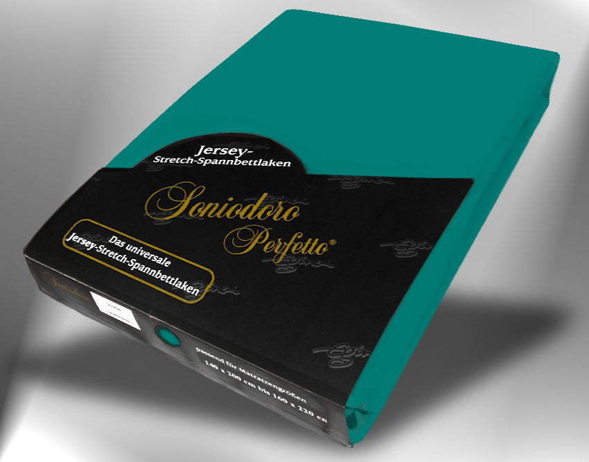 EGINO evergreen jersey knit stretch sheet (53-Evergreen) in retail packaging, under dim light
