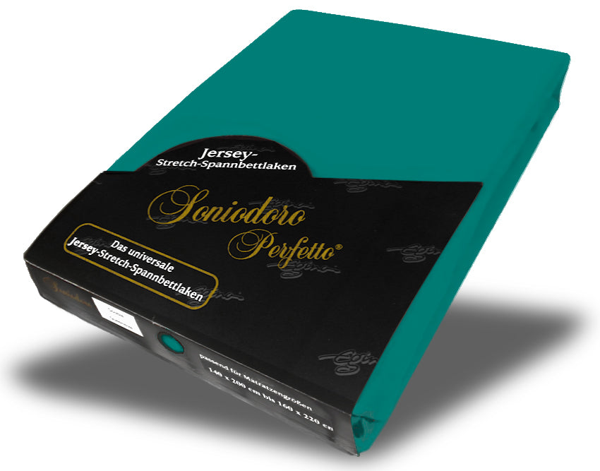 EGINO evergreen jersey knit stretch sheet (53-Evergreen) in retail packaging, on white background
