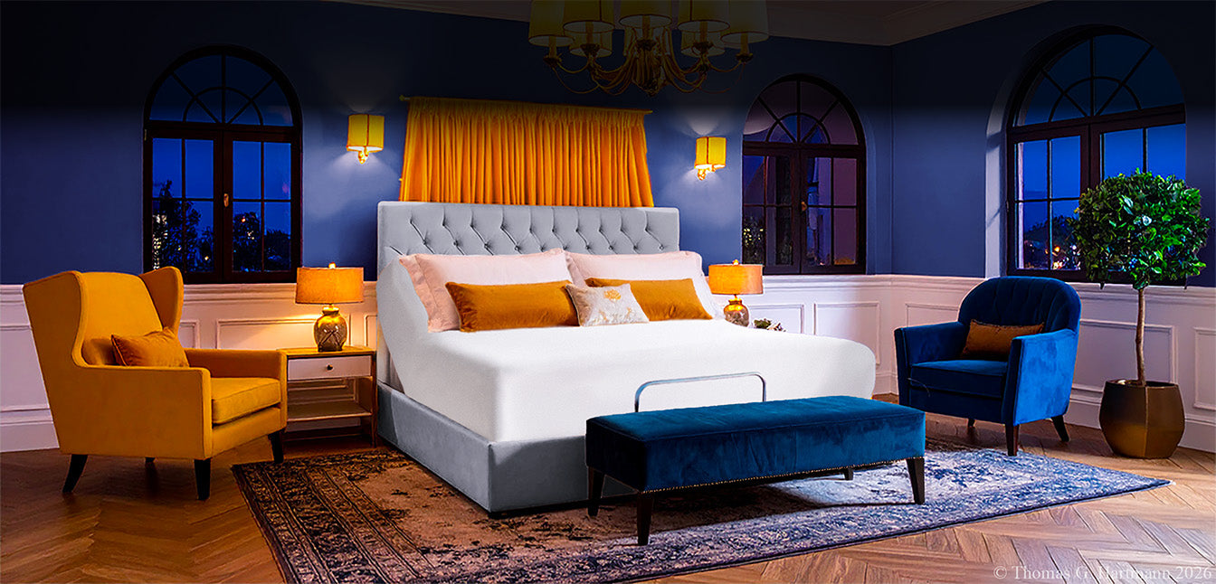 Jersey knit stretch fitted sheet on an adjustable bed, sized for up to 18-inch deep mattresses in a modern, fashion-forward bedroom decorated for Spring.