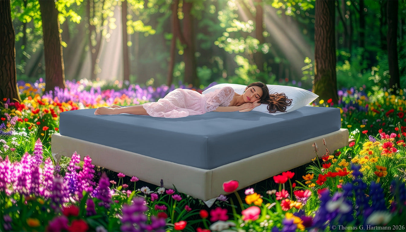 Fitted Jersey Knit stretch sheets in azure with a woman relaxing on the mattress in a European wellness recreational park area, surrounded by vibrant spring wildflowers.