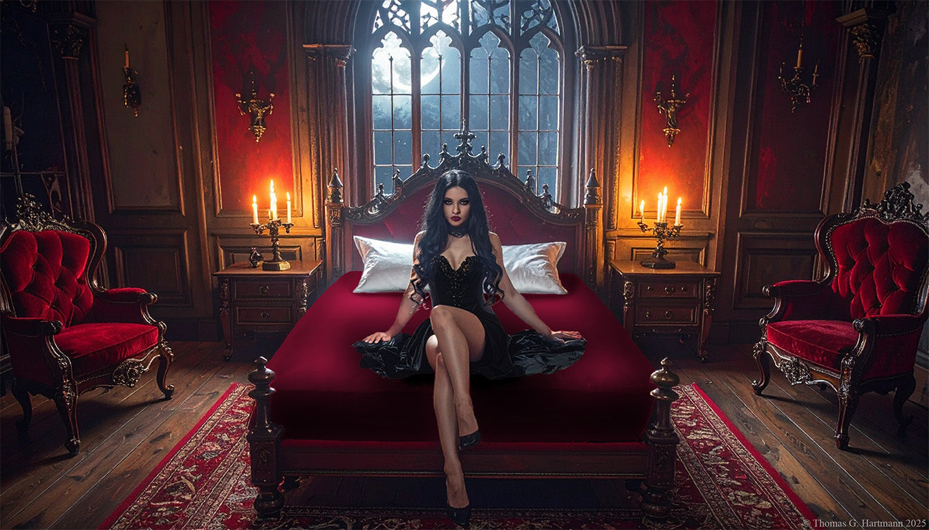 Bordeaux jersey-knit stretch fitted sheet on an extra-deep mattress — gothic woman in black dress sits in a moonlit castle bedroom.