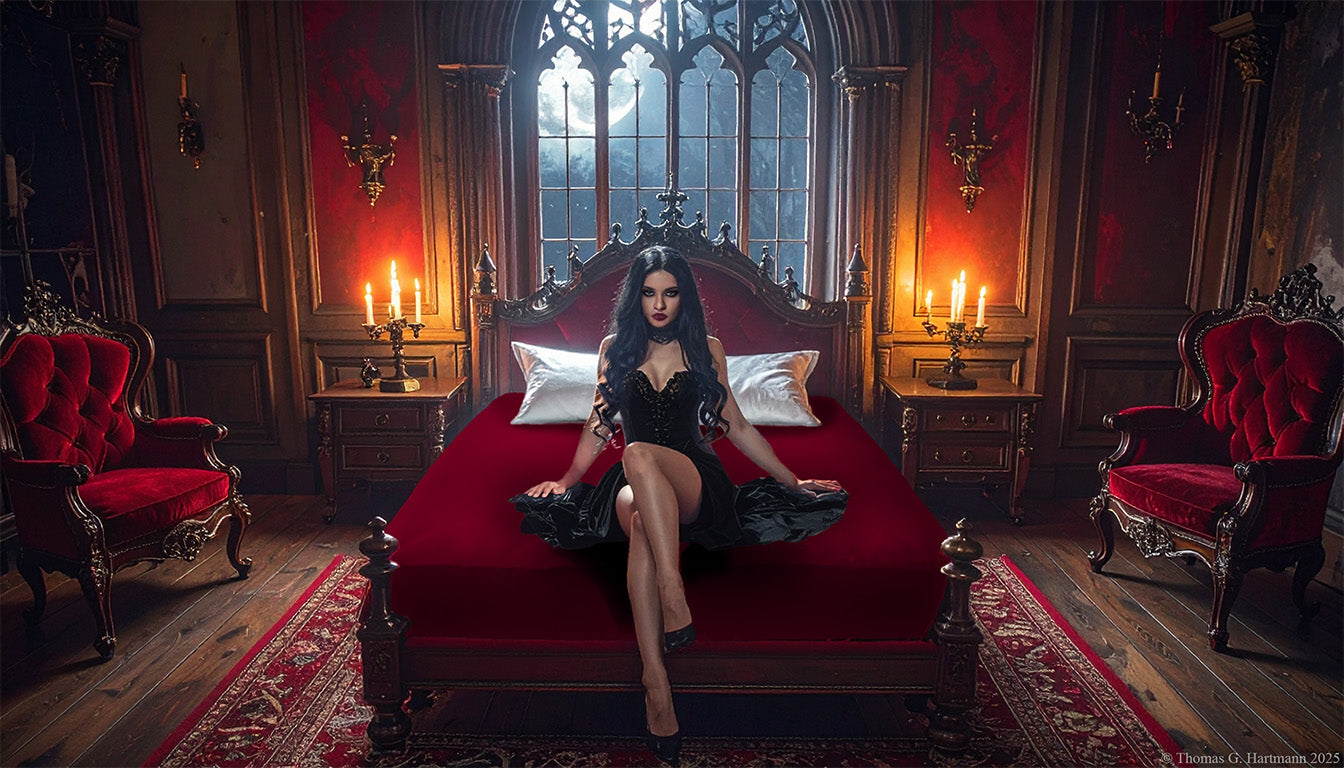 Bordeaux jersey-knit stretch fitted sheet on an extra-deep mattress — gothic woman in black dress sits in a moonlit castle bedroom.