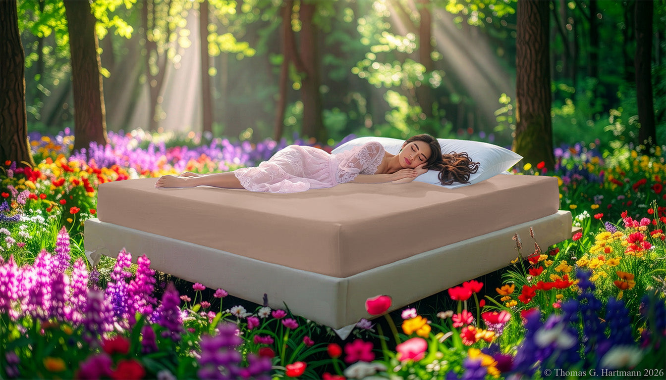 Fitted Jersey Knit stretch sheets in chocolate-milk with a woman relaxing on the mattress in a European wellness recreational park area, surrounded by vibrant spring wildflowers.