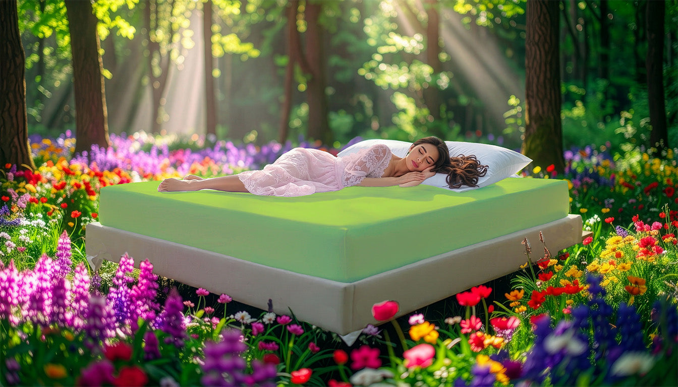 Fitted Jersey Knit stretch sheets in freen-apple with a woman relaxing on the mattress in a European wellness recreational park area, surrounded by vibrant spring wildflowers.