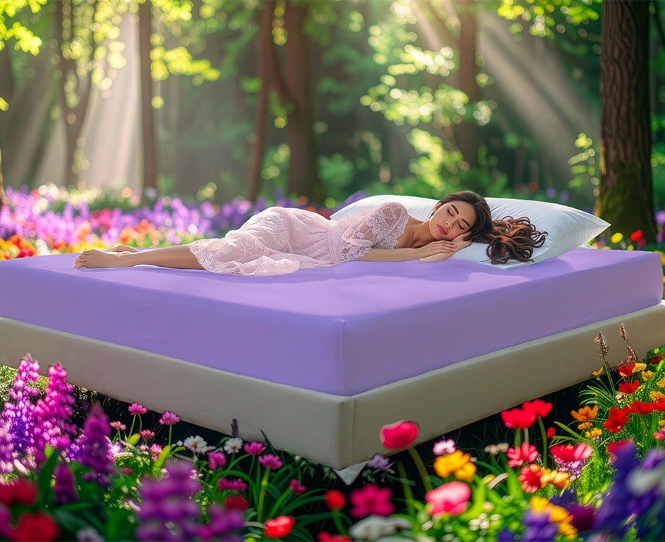 Fitted Jersey Knit stretch sheets in lilac, with a woman relaxing on the mattress in a European wellness recreational park area, surrounded by vibrant spring wildflowers.
