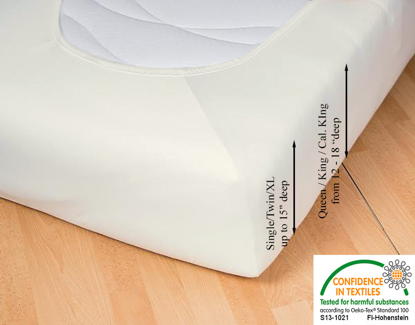 Fitted jersey knit stretch sheet in color 22-cream, underside showing characteristic oval bottom hugging mattress, deep pocket up to 18 in, OEKO-TEX certified – Egino.