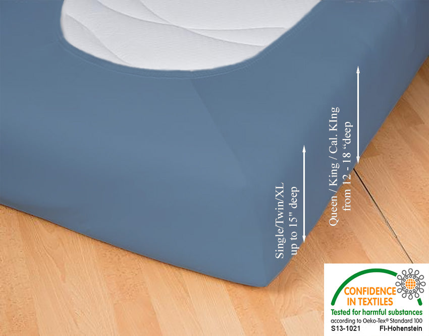 Fitted jersey knit stretch sheet in color 40-azure, underside showing characteristic oval bottom hugging mattress, deep pocket up to 18 in, OEKO-TEX certified – Egino.