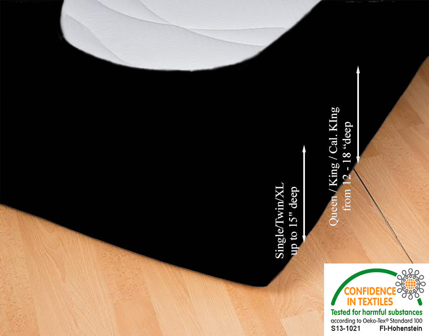 Fitted jersey knit stretch sheet in color 43-black, underside showing characteristic oval bottom hugging mattress, deep pocket up to 18 in, OEKO-TEX certified – Egino.