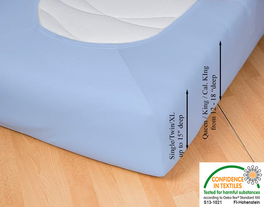 Fitted jersey knit stretch sheet in color 39-bleu, underside showing characteristic oval bottom hugging mattress, deep pocket up to 18 in, OEKO-TEX certified – Egino.