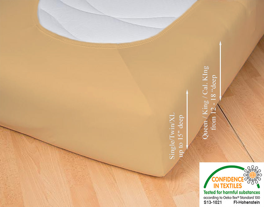 Fitted jersey knit stretch sheet in color 47-caramel, underside showing characteristic oval bottom hugging mattress, deep pocket up to 18 in, OEKO-TEX certified – Egino.