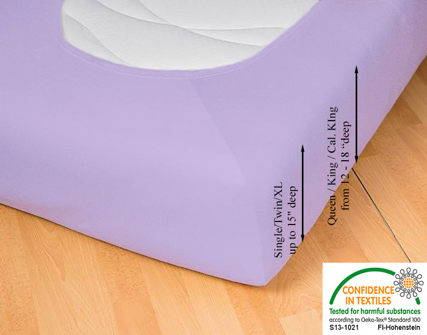 Fitted jersey knit stretch sheet in color 46-lilac, underside showing characteristic oval bottom hugging mattress, deep pocket up to 18 in, OEKO-TEX certified – Egino.