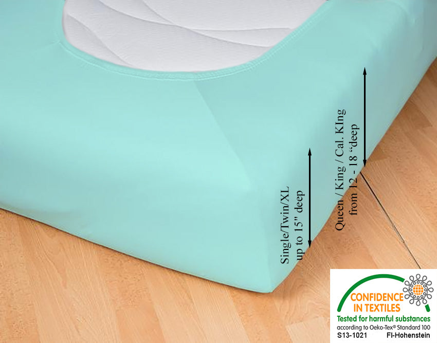 Fitted jersey knit stretch sheet in color 33-mint, underside showing characteristic oval bottom hugging mattress, deep pocket up to 18 in, OEKO-TEX certified – Egino.