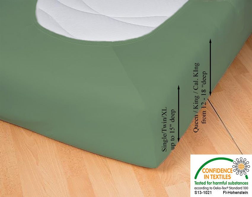 Fitted jersey knit stretch sheet in color 30-sage, underside showing characteristic oval bottom hugging mattress, deep pocket up to 18 in, OEKO-TEX certified – Egino.
