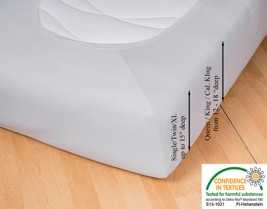 Fitted jersey knit stretch sheet in color 29-silver, underside showing characteristic oval bottom hugging mattress, deep pocket up to 18 in, OEKO-TEX certified – Egino.