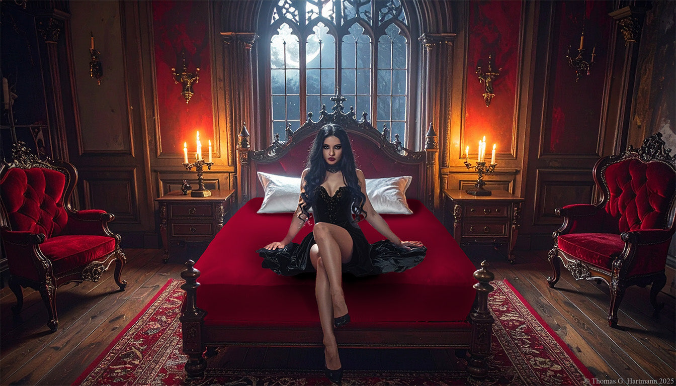 Red jersey-knit stretch fitted sheet on an extra-deep mattress — gothic woman in black dress sits in a moonlit castle bedroom.