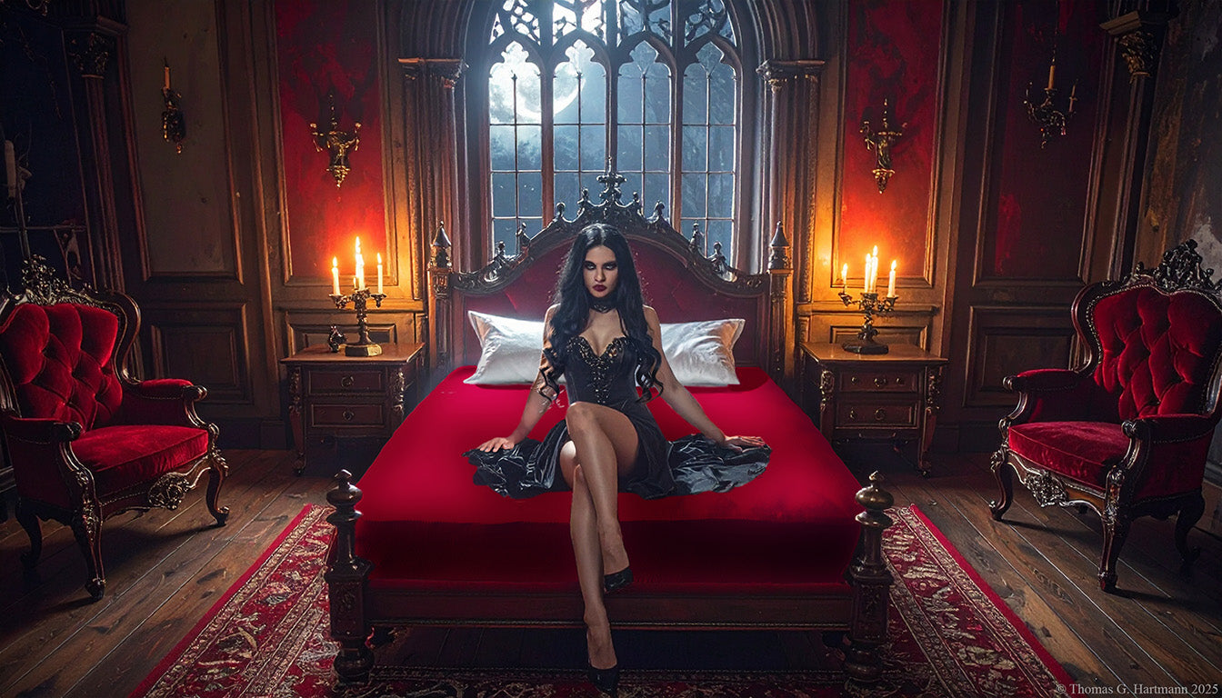 Gothic woman in black corset sits on mattress with red jersey knit fitted sheet, moonlit castle bedroom, Halloween sale banner – Egino