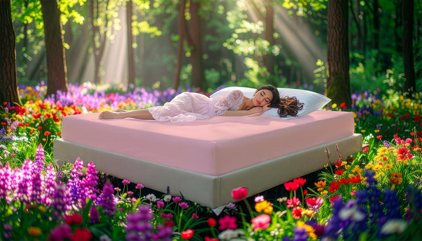 Fitted Jersey Knit stretch sheets in lilac with a woman relaxing on the mattress in a European wellness recreational park area, surrounded by vibrant spring wildflowers.