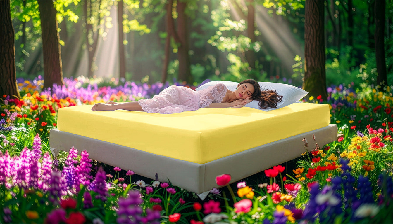 Fitted Jersey Knit stretch sheets insun-yellow with a woman relaxing on the mattress in a European wellness recreational park area, surrounded by vibrant spring wildflowers.