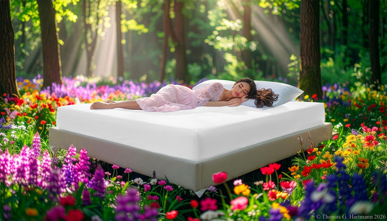 Fitted Jersey Knit stretch sheets in white with a woman relaxing on the mattress in a European wellness recreational park area, surrounded by vibrant spring wildflowers.
