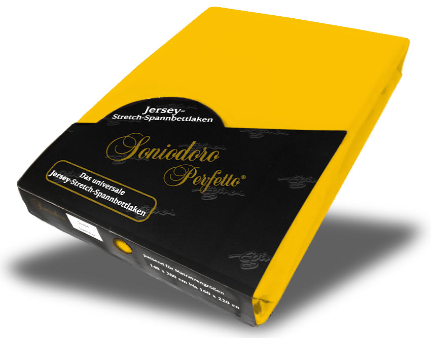 EGINO gold jersey knit stretch sheet (67-Gold) in retail packaging, on white background
