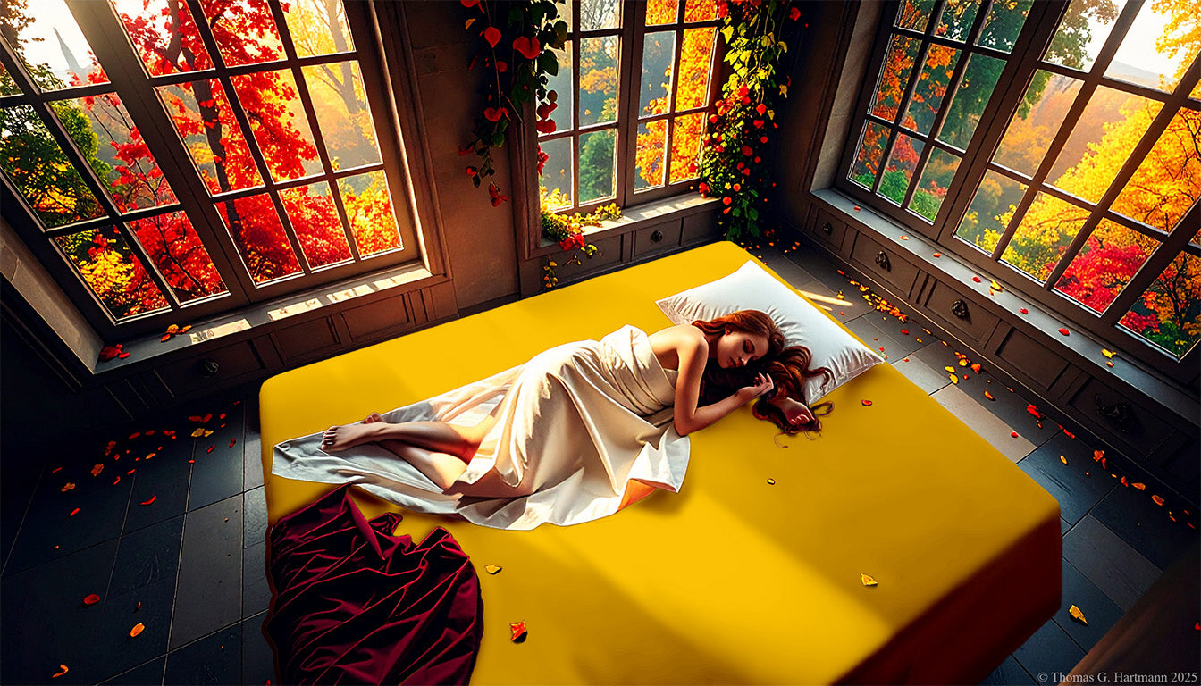 Golden jersey-knit stretch fitted sheet on an extra-deep mattress — Celtic woman sleeps in an Irish castle aglow with fiery autumn light.