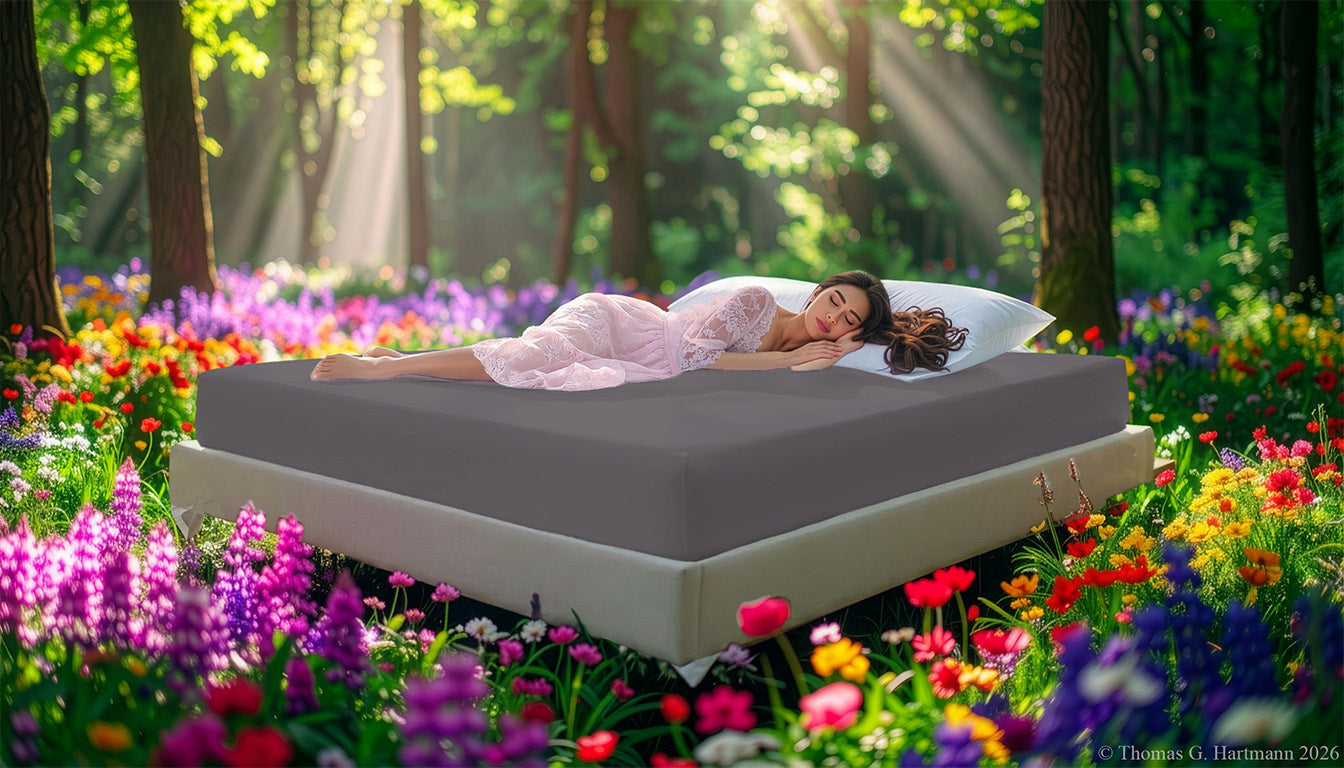 Fitted Jersey Knit stretch sheets in color graphite with a woman relaxing on the mattress in a European wellness recreational park area, surrounded by vibrant spring wildflowers.
