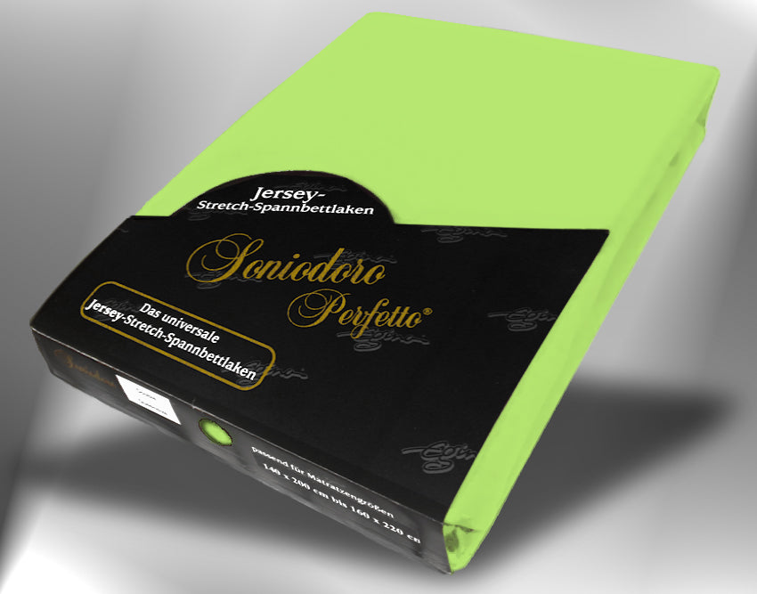 EGINO green-apple jersey knit stretch sheet (68-Green-Apple) in retail packaging, under dim light
