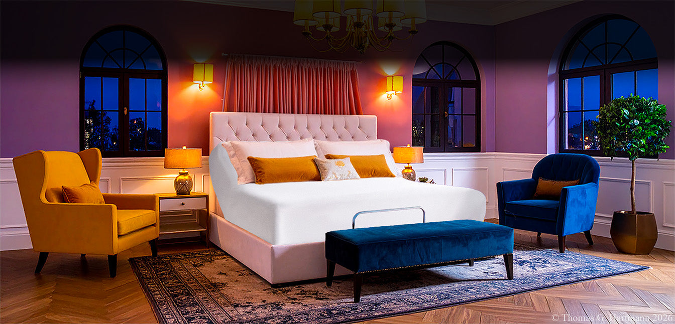 Jersey knit stretch fitted sheet on an adjustable bed, sized for up to 18-inch deep mattresses in a modern, fashion-forward bedroom decorated for Spring.