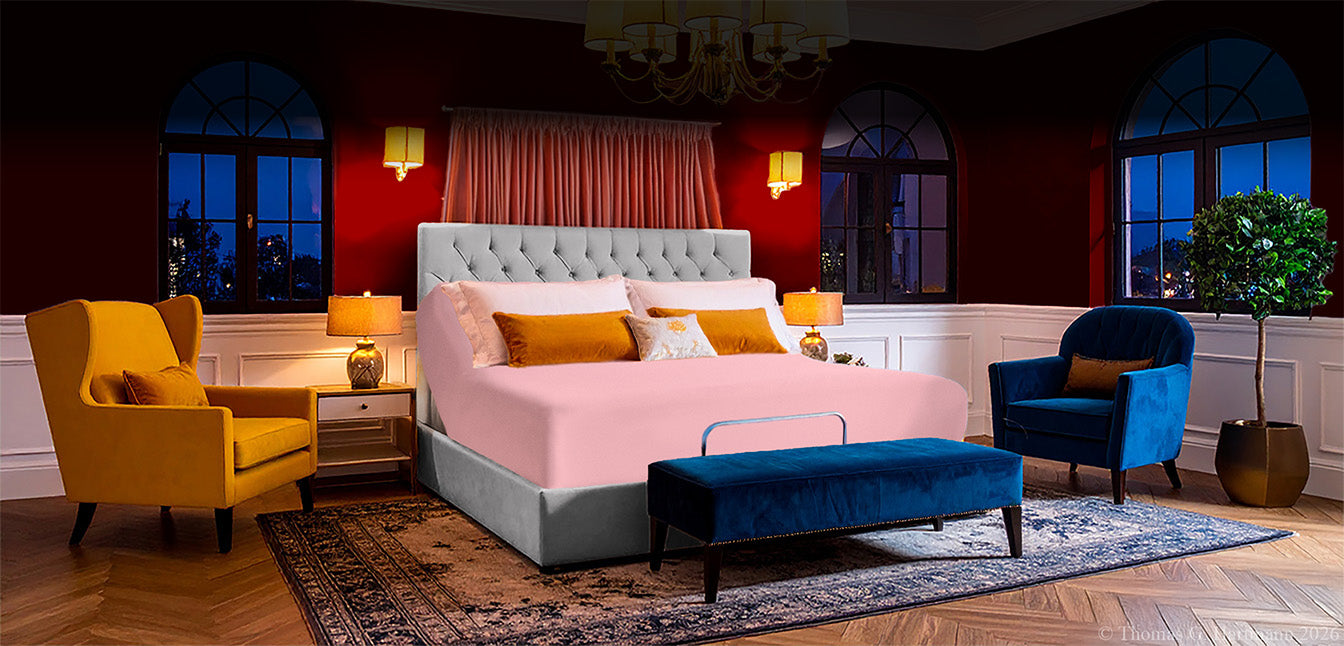 Jersey knit stretch fitted sheet on an adjustable bed, sized for up to 18-inch deep mattresses in a modern, fashion-forward bedroom decorated for Valentine's Day.
