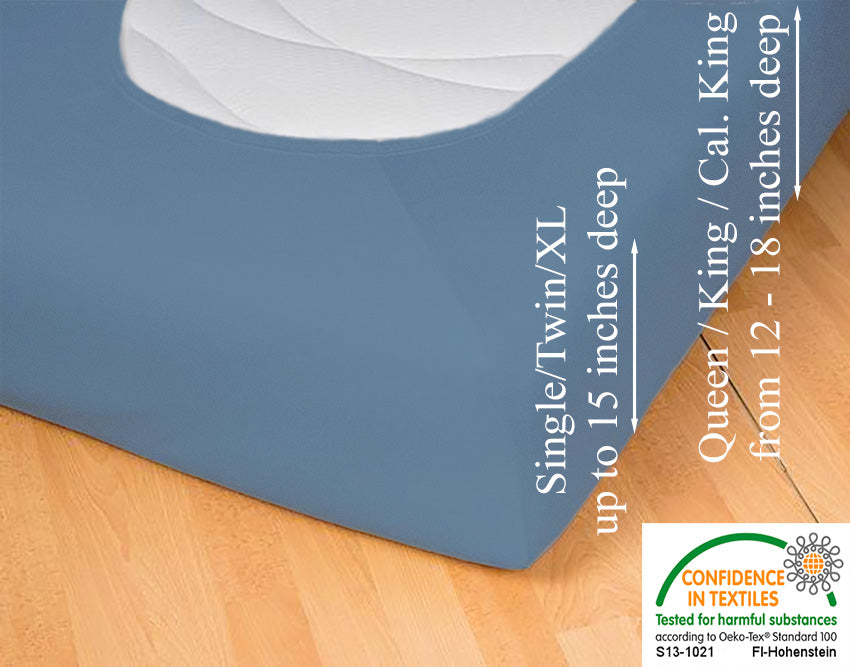 Fitted jersey knit stretch sheet in color 40-azure, underside showing characteristic oval bottom hugging mattress, deep pocket up to 18 in, OEKO-TEX certified – Egino.