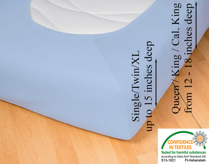 Fitted jersey knit stretch sheet in color 39-bleu, underside showing characteristic oval bottom hugging mattress, deep pocket up to 18 in, OEKO-TEX certified – Egino.