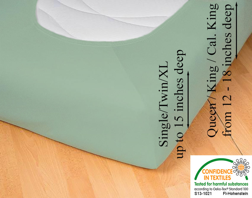 Fitted jersey knit stretch sheet in color 42-bluegrass, underside showing characteristic oval bottom hugging mattress, deep pocket up to 18 in, OEKO-TEX certified – Egino.