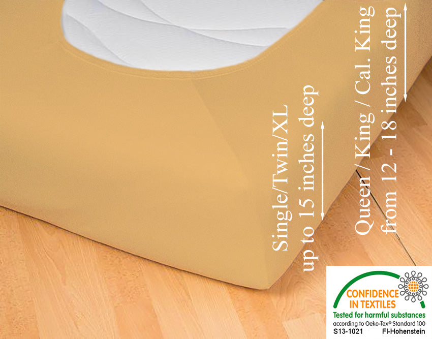 Fitted jersey knit stretch sheet in color 47-caramel, underside showing characteristic oval bottom hugging mattress, deep pocket up to 18 in, OEKO-TEX certified – Egino.