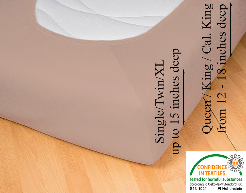 Fitted jersey knit stretch sheet in color 25-chocolate-milk, underside showing characteristic oval bottom hugging mattress, deep pocket up to 18 in, OEKO-TEX certified – Egino.