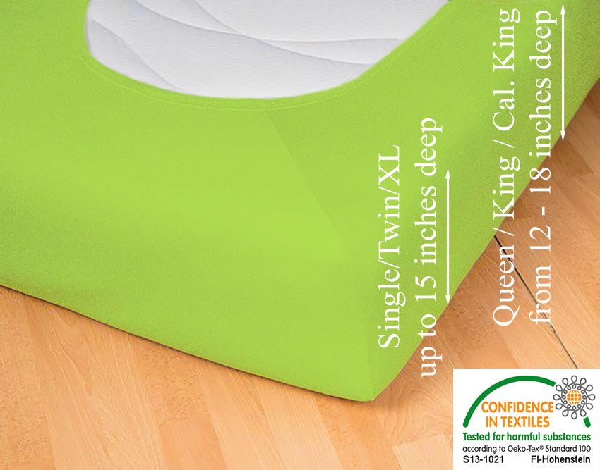 Fitted jersey knit stretch sheet in color 68-green-apple, underside showing characteristic oval bottom hugging mattress, deep pocket up to 18 in, OEKO-TEX certified – Egino.