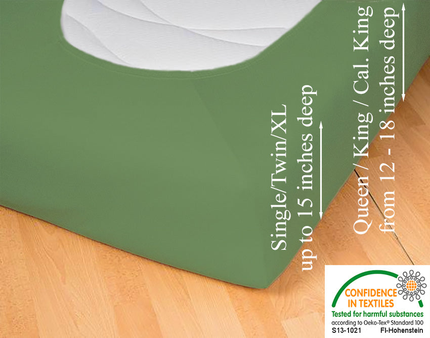 Fitted jersey knit stretch sheet in color 30-sage, underside showing characteristic oval bottom hugging mattress, deep pocket up to 18 in, OEKO-TEX certified – Egino.