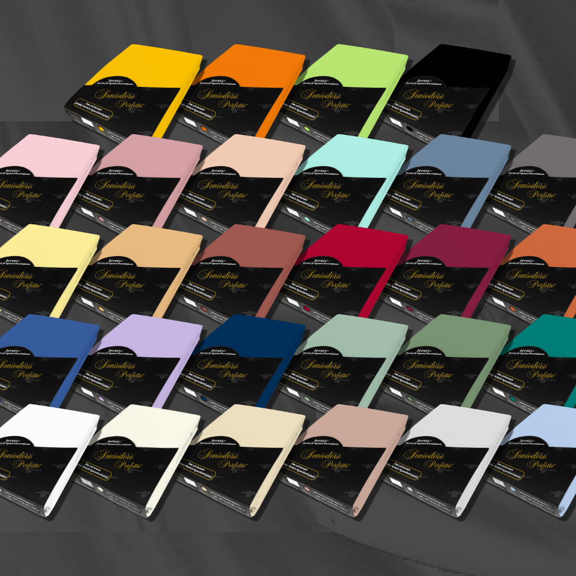 Our Perfetto Jersey knit stretch sheets in 28 vibrant colors by EGINO on a dark background.
