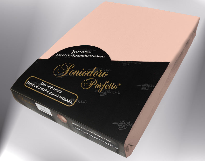 EGINO apricot jersey knit stretch sheet (49-Apricot) in retail packaging, under dim light