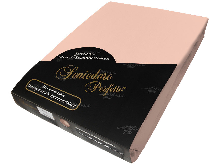 EGINO apricot jersey knit stretch sheet (49-Apricot) in retail packaging, on white background