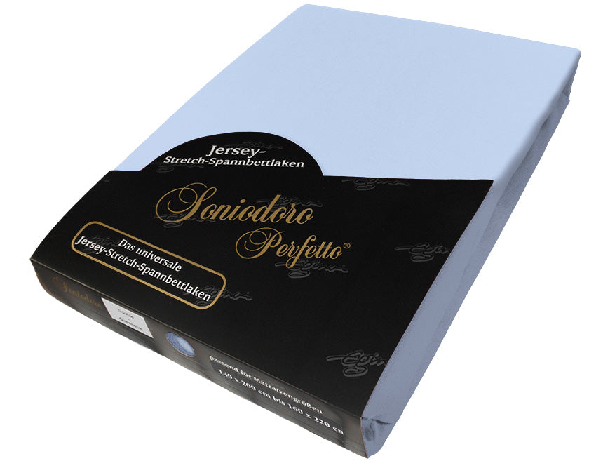 EGINO bleu jersey knit stretch sheet (39-bleu) in retail packaging, on white background