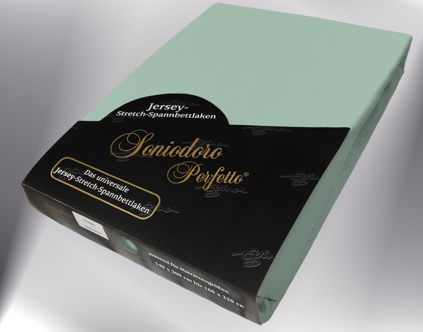 EGINO blue-grass jersey knit stretch sheet (42-Blue-Grass) in retail packaging, under dim light