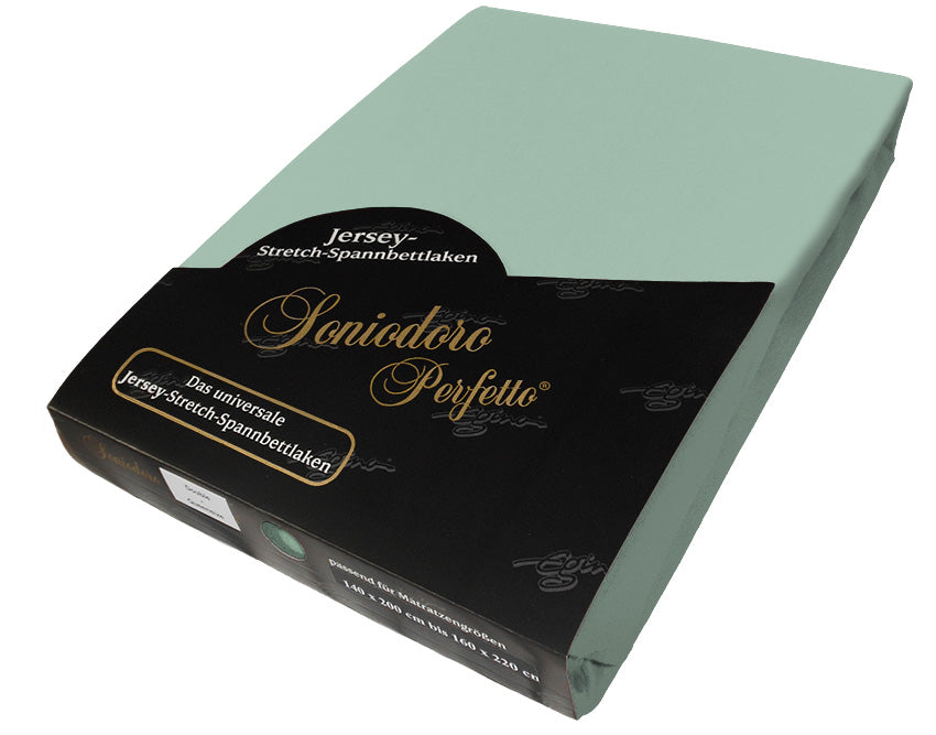 EGINO blue-grass jersey knit stretch sheet (42-Blue-Grass) in retail packaging, on white background