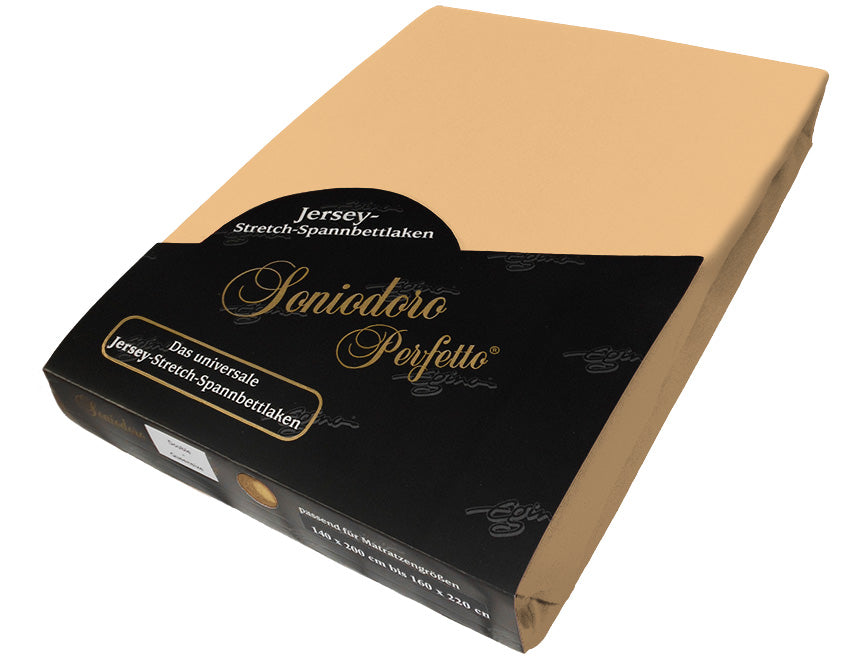 EGINO caramel jersey knit stretch sheet (47-Caramel) in retail packaging, on white background