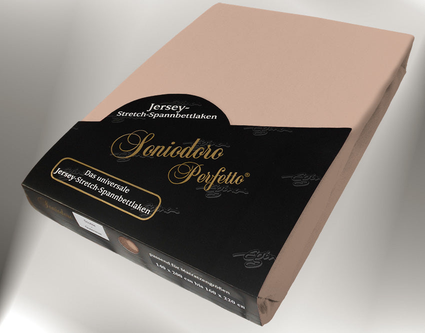 EGINO chocolate-milk jersey knit stretch sheet (25-Chocolate-Milk) in retail packaging, under dim light